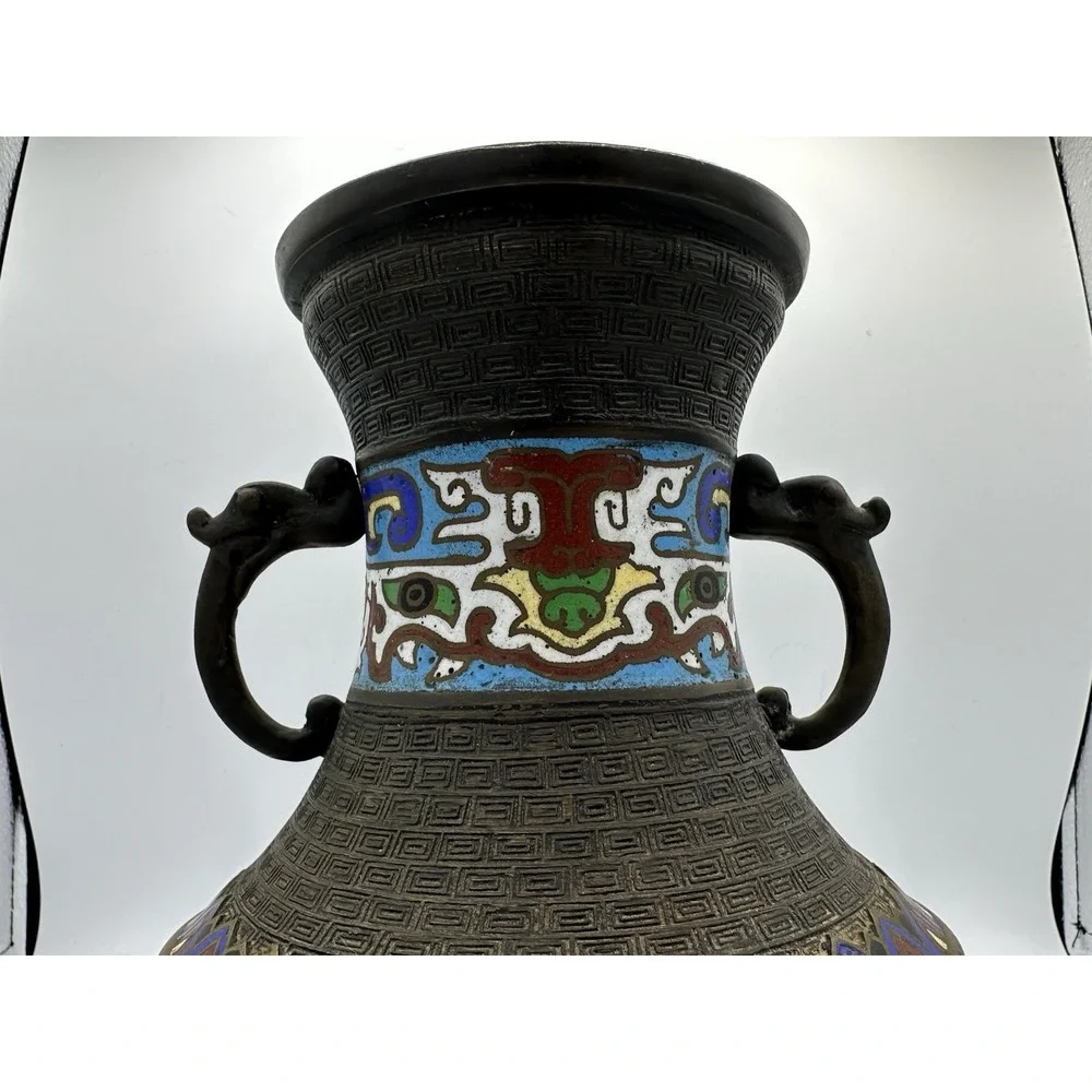 Antique Japanese Enamel‎ Cloisonne Champleve Bronze Vase 10